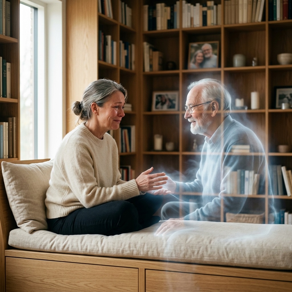 Vista aérea de una biblioteca circular con presencias translúcidas